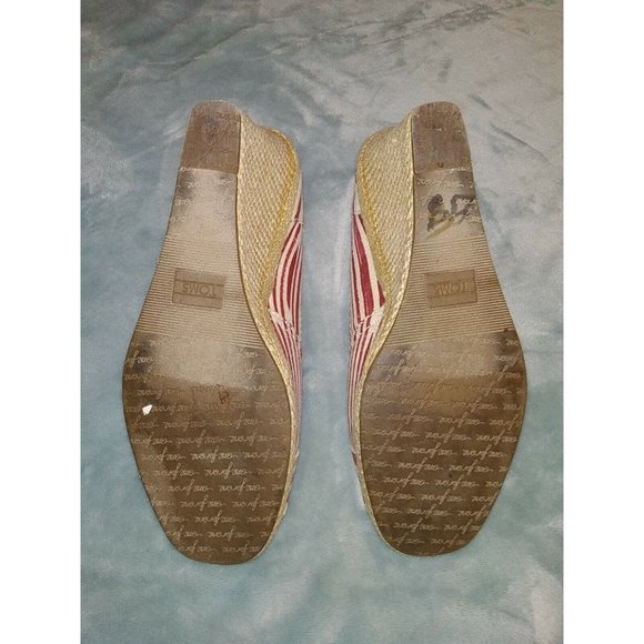 TOMS 10M Red Stripe Peep Toe Wedge Espadrilles 3-3/8" Woven Jute Heel - Picture 6 of 7
